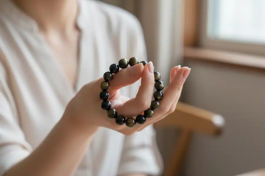 bracelet obsidienne dorée présenté par une femme