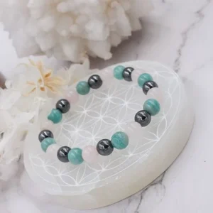 bracelet pierre contre l'agressivité en amazonite, hématite et quartz rose