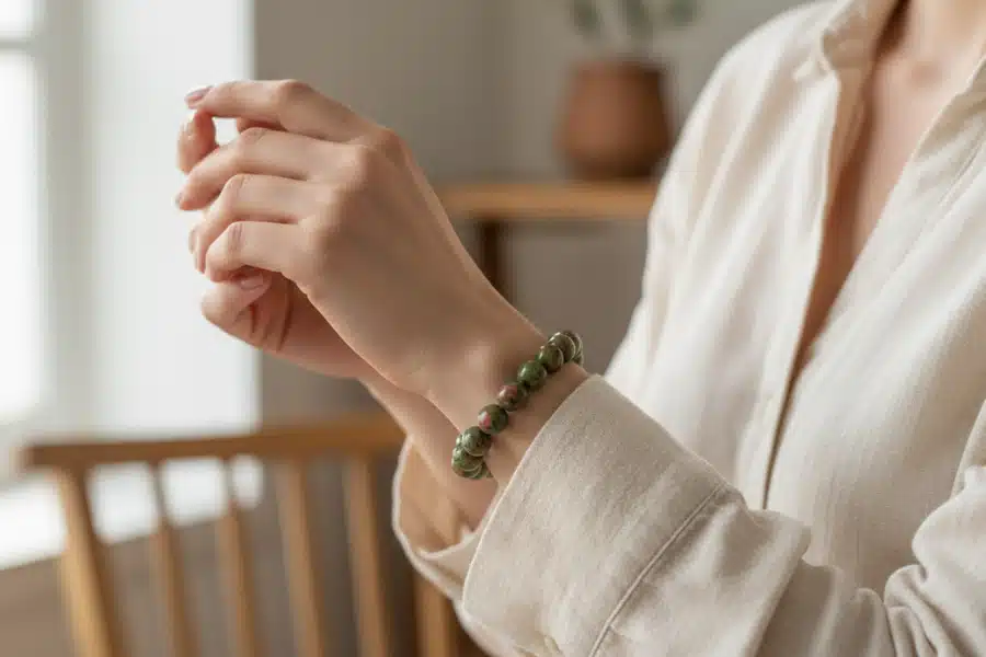 bracelet unakite au poignet d'une femme bracelet unakite au poignet d'une femme