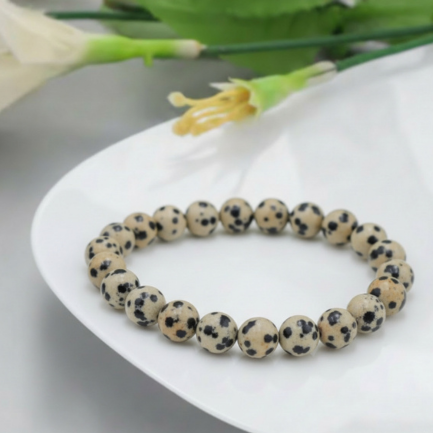 Bracelet Jaspe Dalmatien Pierre Naturelle 8mm Grade AA 6 presentation zen bracelet jaspe dalmatien
