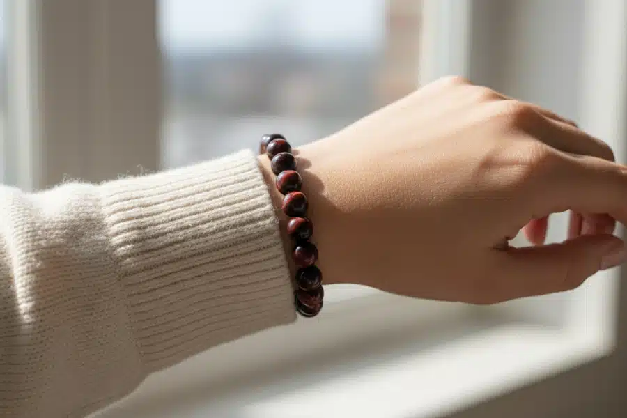 femme présentant le bracelet œil de taureau femme présentant le bracelet œil de taureau