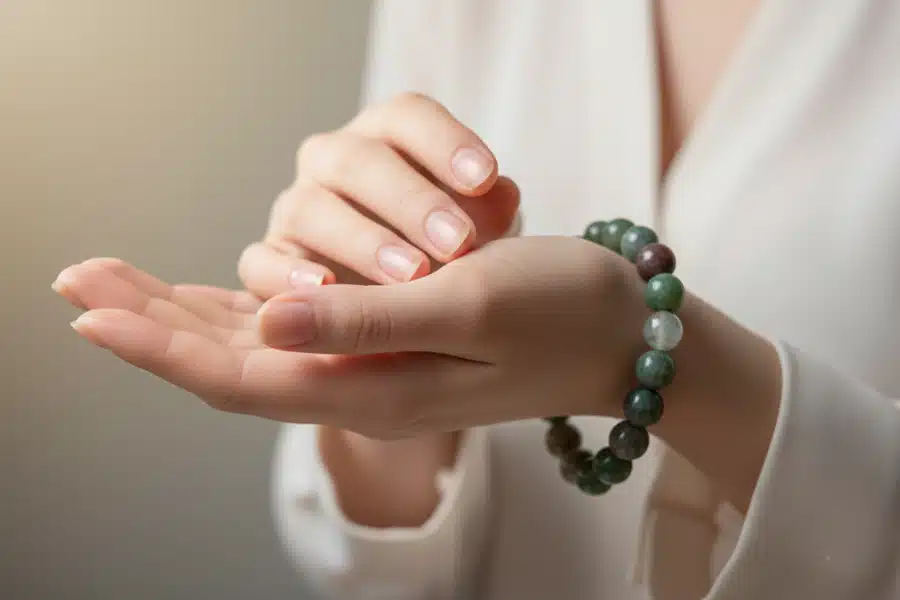 bracelet agate indienne présenté par un model photo bracelet agate indienne présenté par un model photo