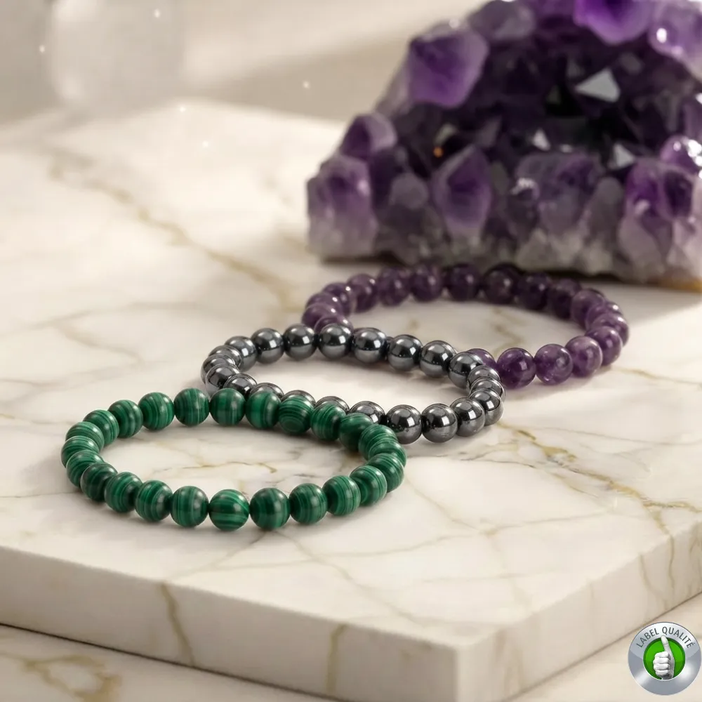 Bracelet Pierre Fibromyalgie - Lot de 3 Malachite + Hématite + Améthyste