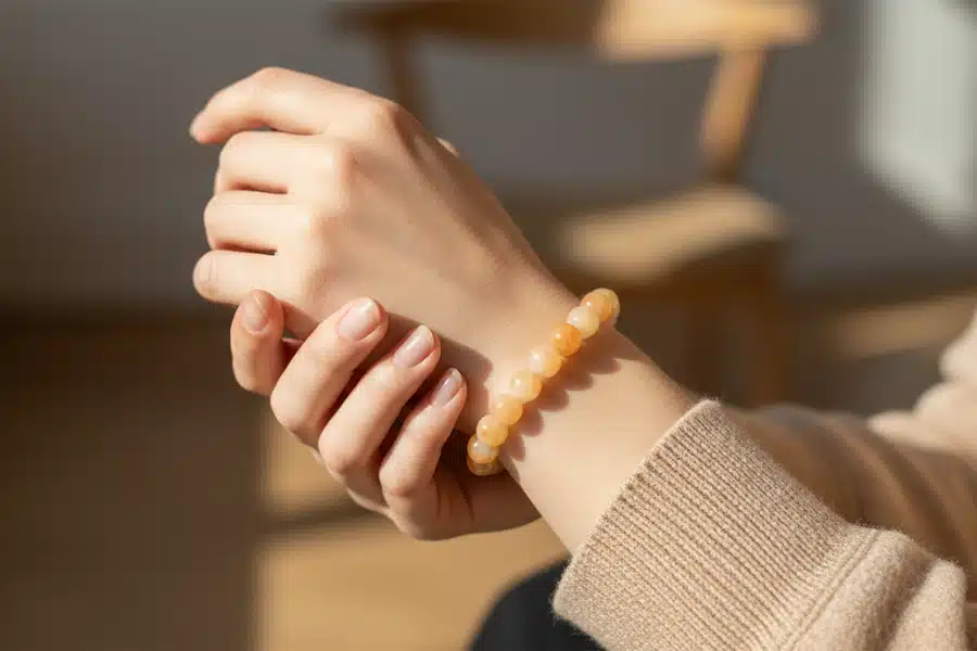 femme présentant le bracelet calcite orange.