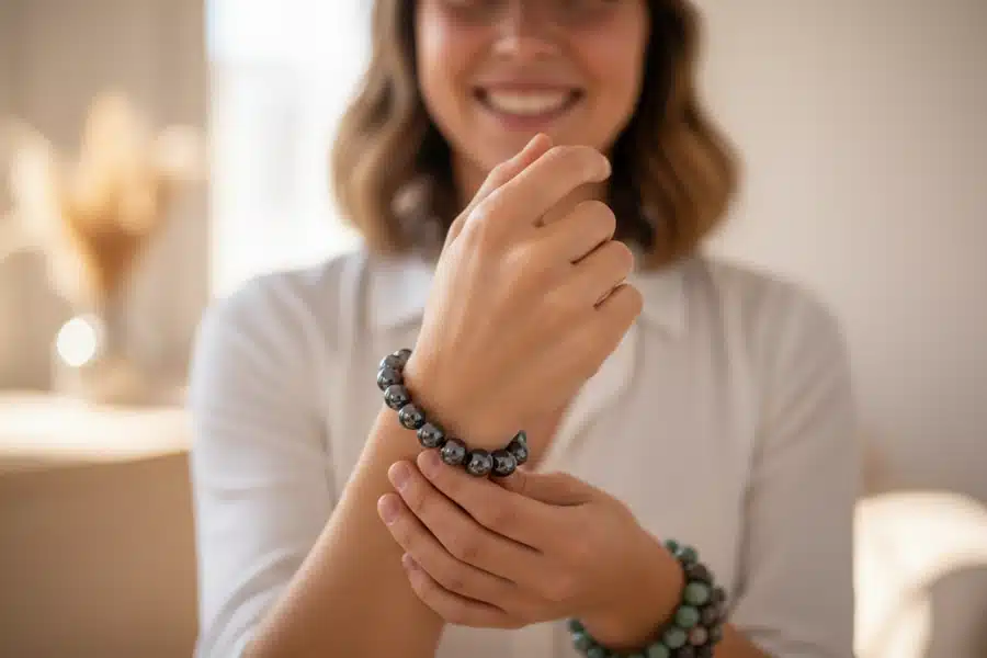 femme presentant le bracelet hématite 8mm
